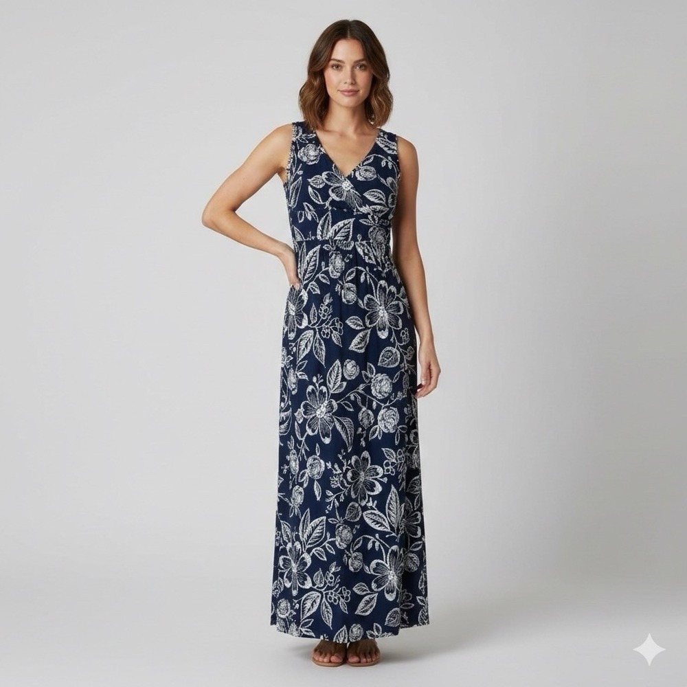Chaps Maxi Dress Womens Large Navy Blue Floral Faux Wrap V-Neck Sleeveless - Picture 2 of 11